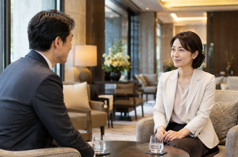 カフェで向かい合って座り、ノートやスマホを見ながら真剣に話し合う30代から40代のカップル。結婚について相談している様子。