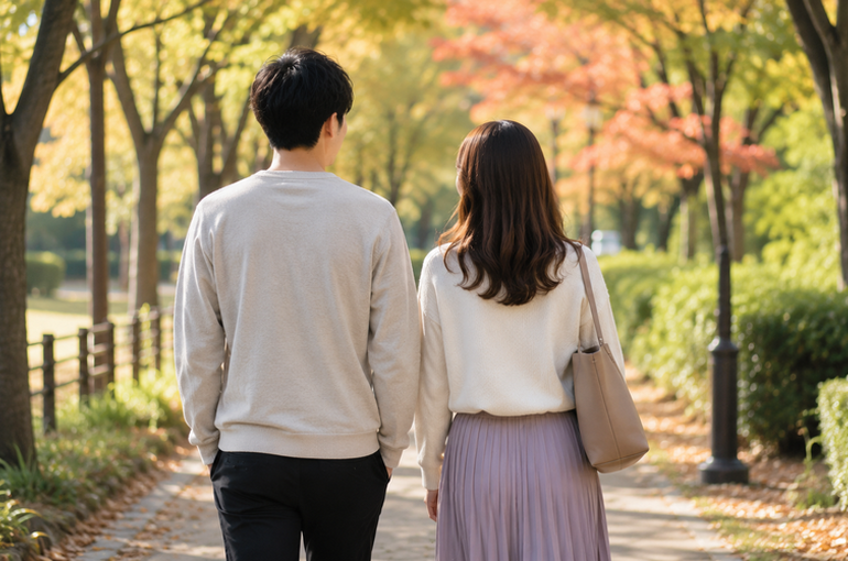 夕暮れの街を手をつないで歩く30代から40代のカップルの後ろ姿。安心感と信頼関係を感じさせる温かい雰囲気。