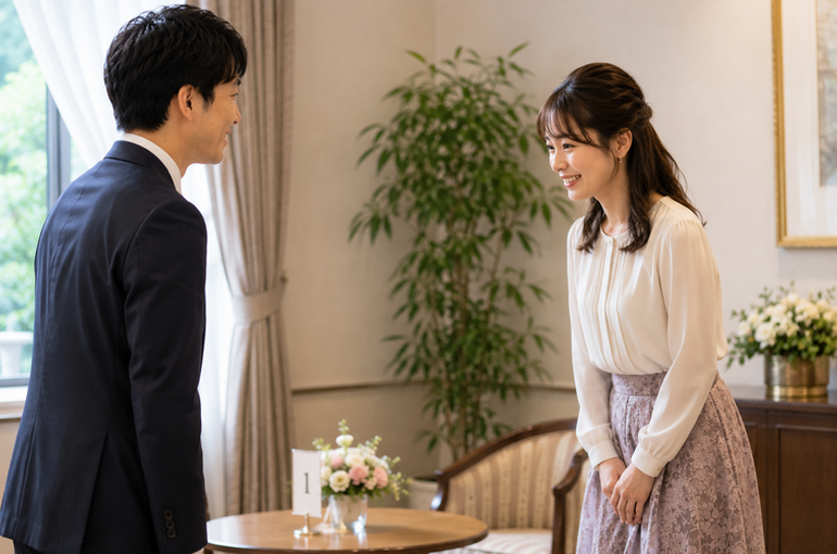 ホテルのラウンジで笑顔で会話する20代女性と30代男性。男性が相手の話に耳を傾け、うなずいている様子。好印象を与える理想的なお見合いのシーン。