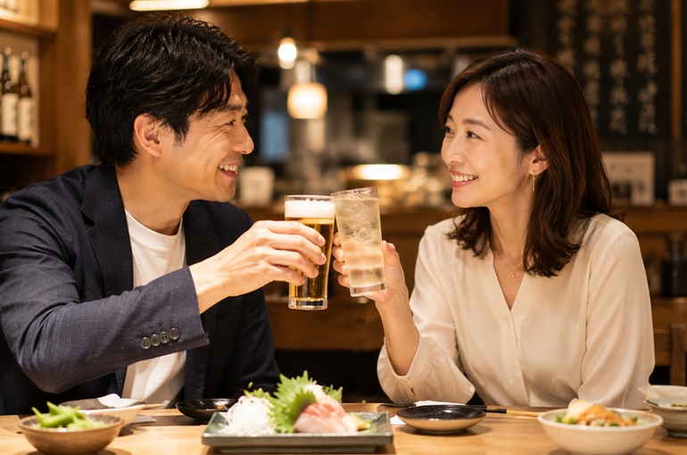 同じタイミングでグラスを持ち上げている30代から40代のカップル。ミラーリングを自然に行っている雰囲気。