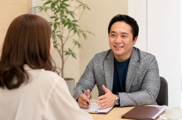  結婚相談所でのカウンセリング面談で、笑顔で相手の話に耳を傾け共感を示す男性カウンセラーと女性クライアントの姿。相談者に寄り添う専門家の姿勢が信頼関係を築いている。