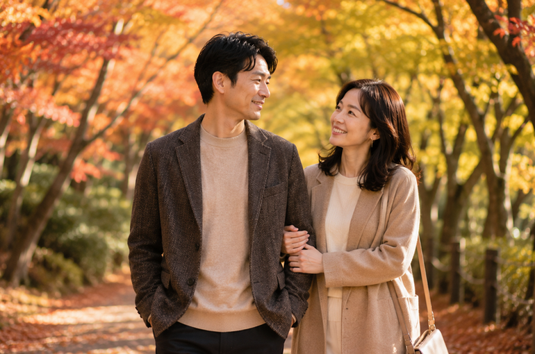  秋の紅葉が美しい公園で、笑顔で寄り添うカップルが歩く、初デートの理想的な風景を表現した画像